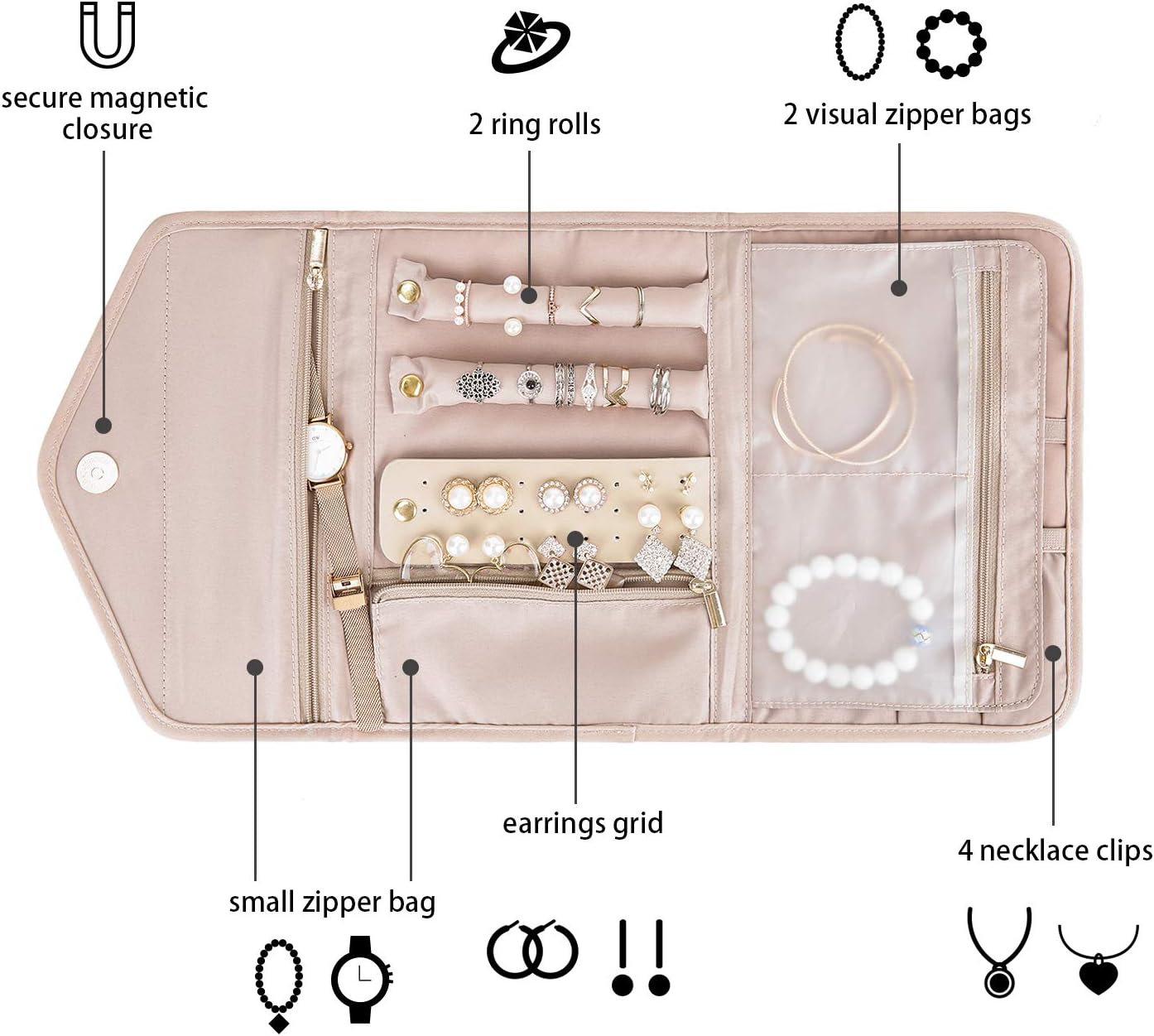 Travel Jewelry Organizer Case Foldable Jewelry Roll for Journey-Rings, Necklaces, Bracelets, Earrings, Light Pink