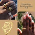 14K Gold Initial Ring Women Vintage Initial Heart Love Ring Non Tarnish  Plated Personalized Carved