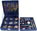 Two-Layer Jewelry Box Organizer Display Storage Case with Lock (Deep Blue)