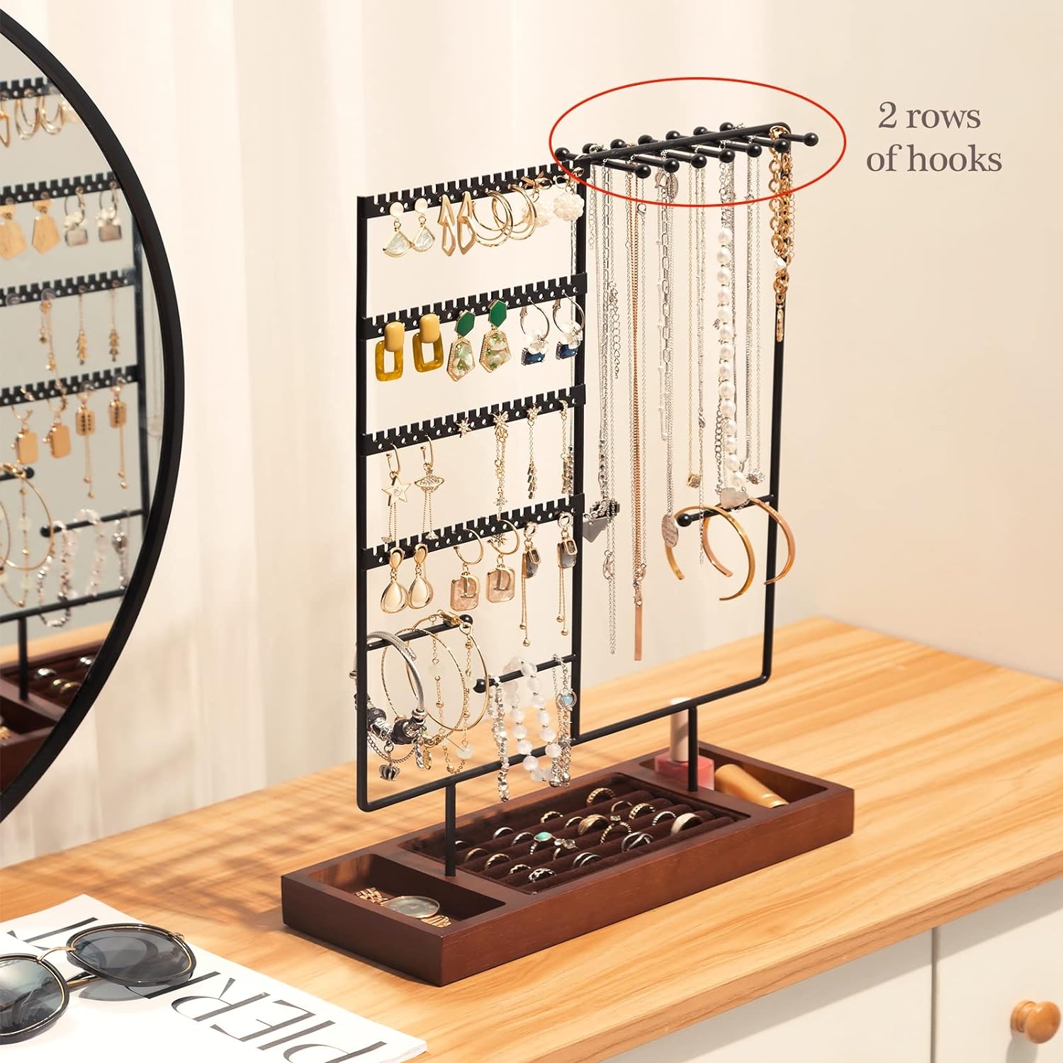 6 Tiers Earring Organizer Tree Necklace Rack Jewellery Tower Bracelets Holder Storage with Removable Wooden Ring Tray for Women Girls -Black