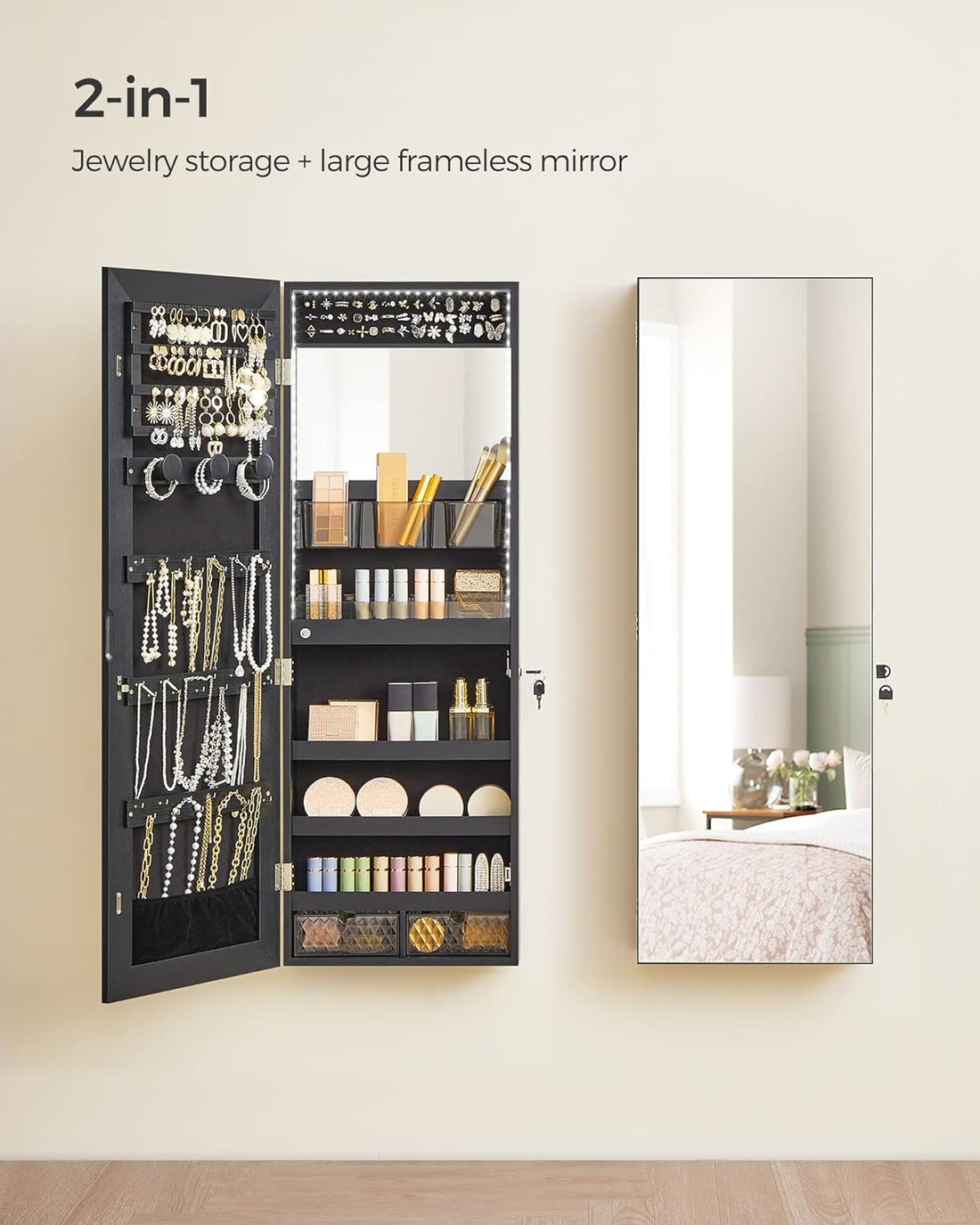 2 Drawers, Lockable, Black Jewelry Cabinet Armoire Organizer with LED Lights, Wall-Mounted Storage Cabinet with Full-Length Frameless