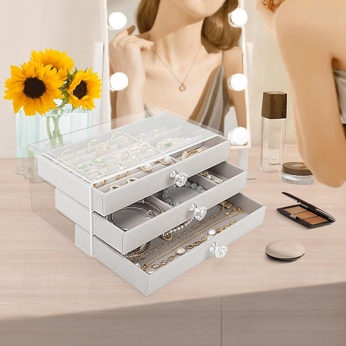 3 Drawer Jewelry Holder Organizer, Jewelry Boxes & Organizers with Earring Organizer, Jewelry Holder Box, Clear Jewelry Organizer Box