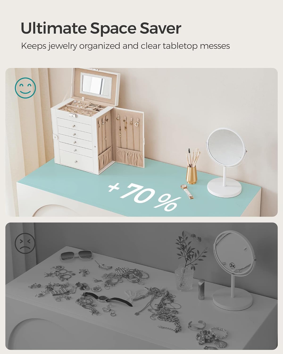 6 Tier Jewelry Box, Jewelry Case with 5 Drawers, Large Storage Capacity, with Mirror, Lockable, Jewelry Storage Organizer Gift for Loved Ones for Watches White 