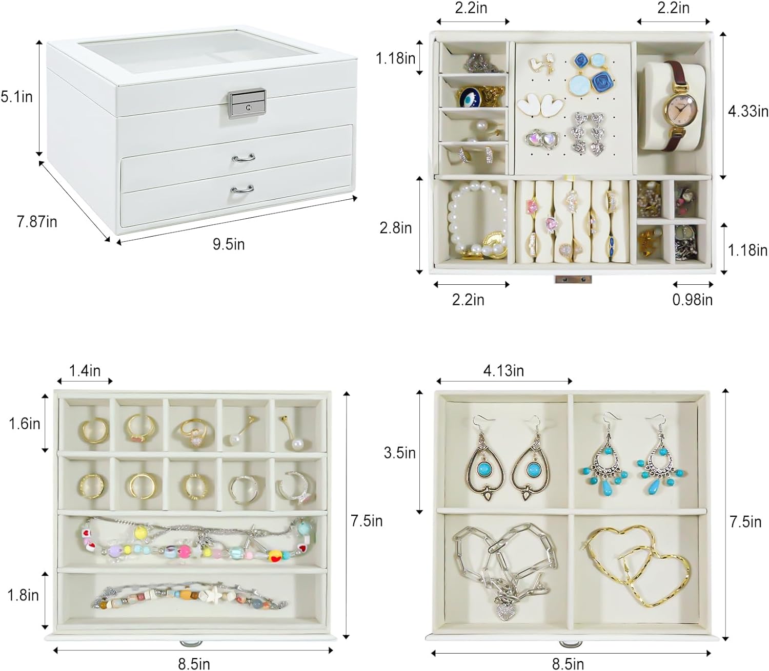 3-Layer Jewelry Organizer Box for Women Girl Wife, 2 Drawers Clear Top Jewelry Organizer Case Elegant White