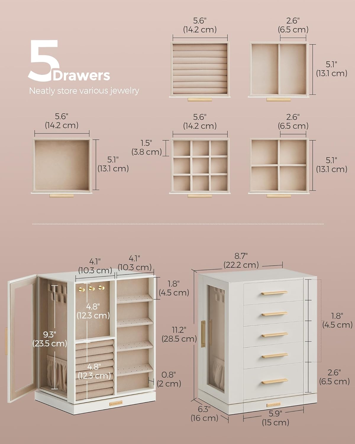 5 Drawers, Jewelry Organizer, Glass Window, Spacious, Vertical Jewelry Storage, Open Design, Great Gift, Cloud White