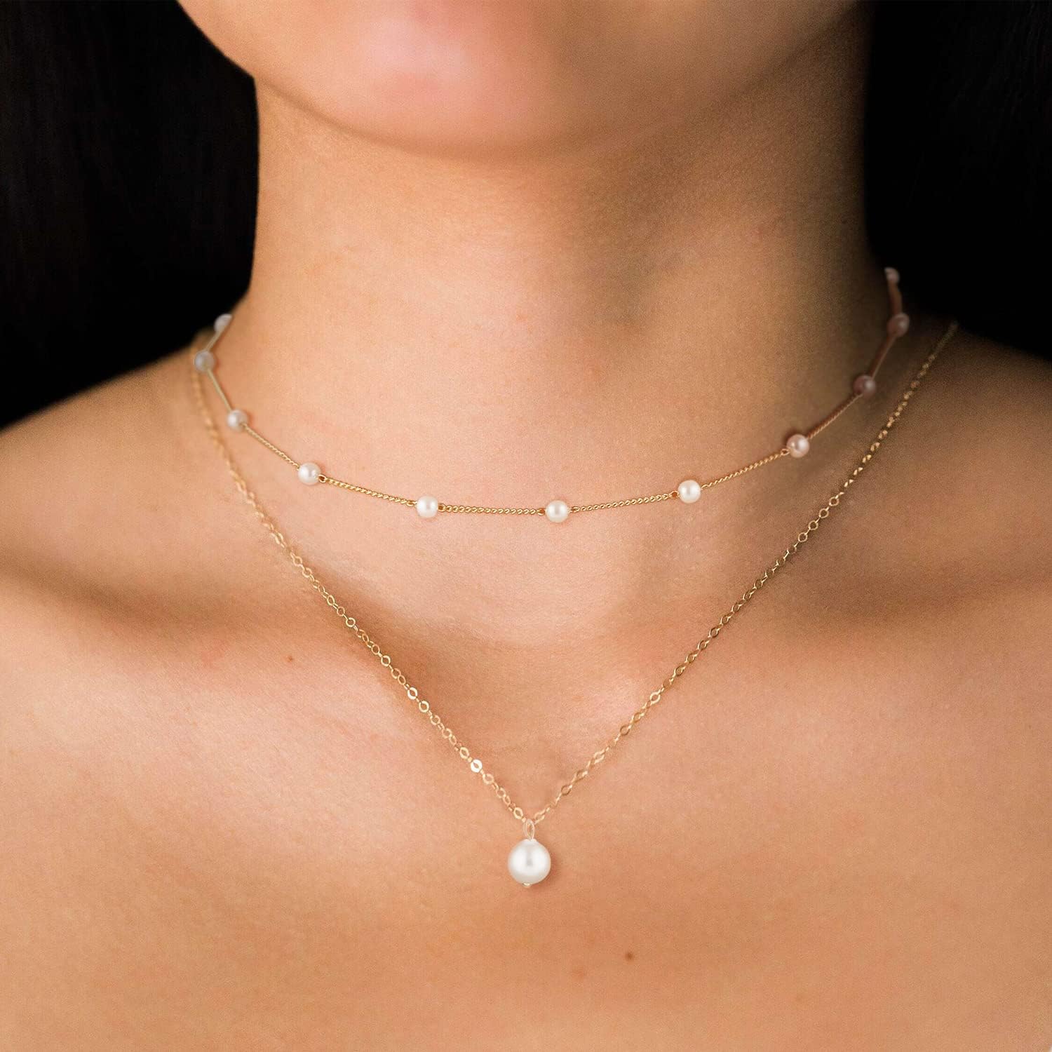  14K Gold Pearl Necklace Women,Plated Layered Freshwater Pearl Necklaces