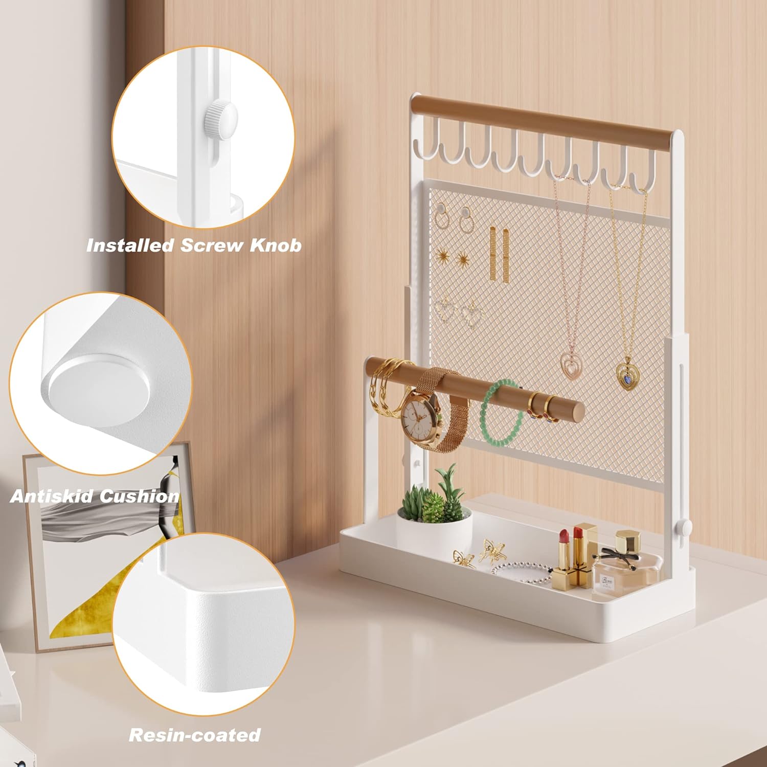  9 Hooks Necklaces Storage Wooden Handing Bar for Bracelets Jewelry Organizer Stand, Liftable Necklace Holder with Earring Organizer Net