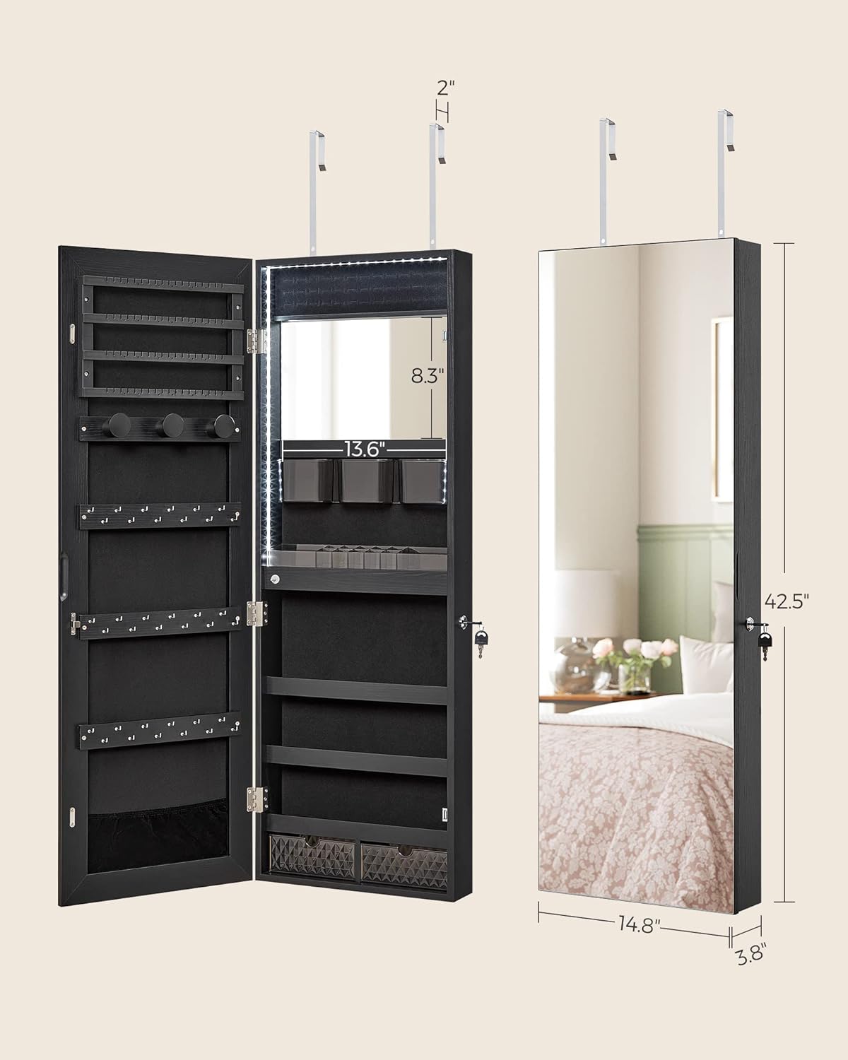 2 Drawers, Lockable, Black Jewelry Cabinet Armoire Organizer with LED Lights, Wall-Mounted Storage Cabinet with Full-Length Frameless