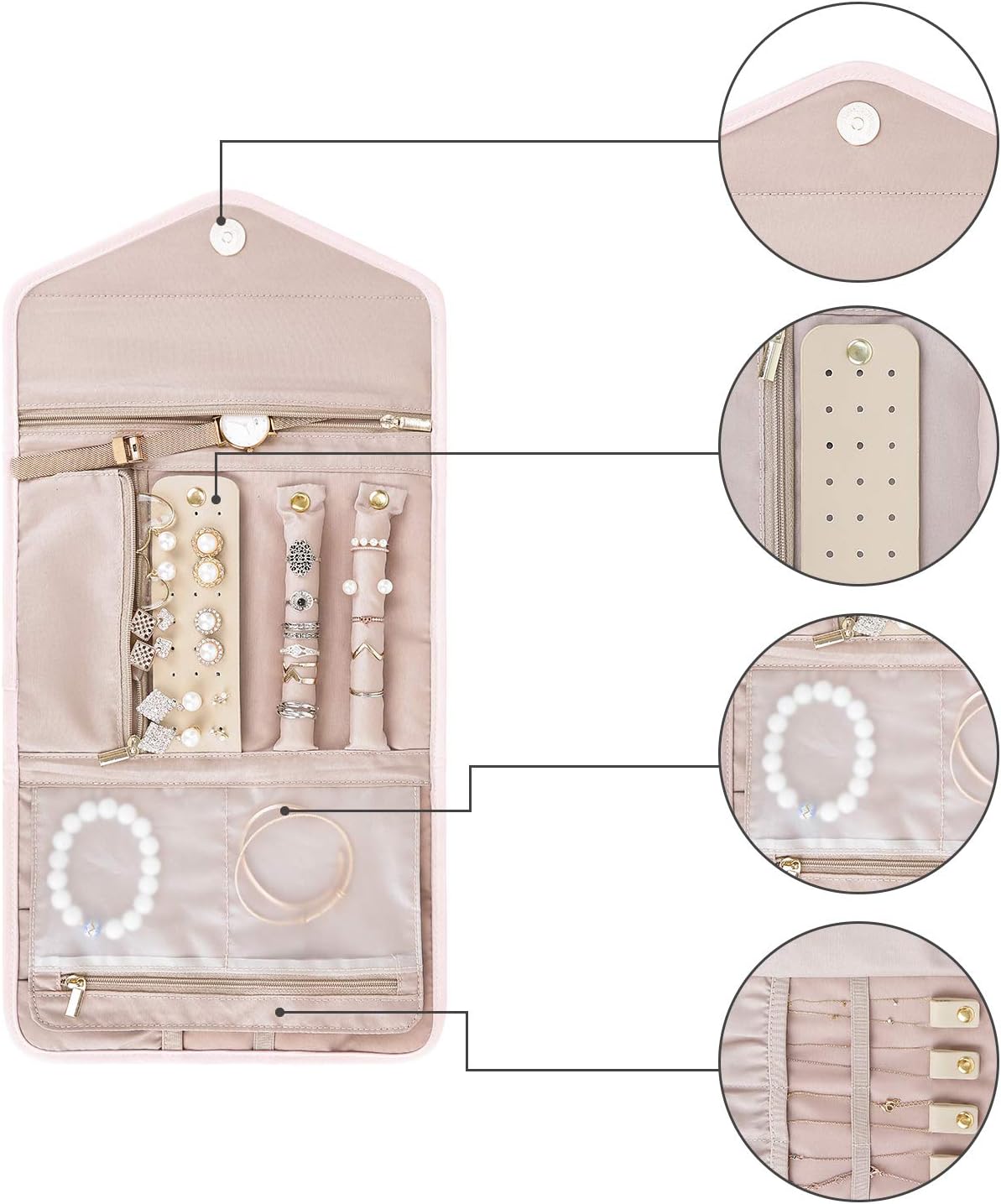 Travel Jewelry Organizer Case Foldable Jewelry Roll for Journey-Rings, Necklaces, Bracelets, Earrings, Light Pink