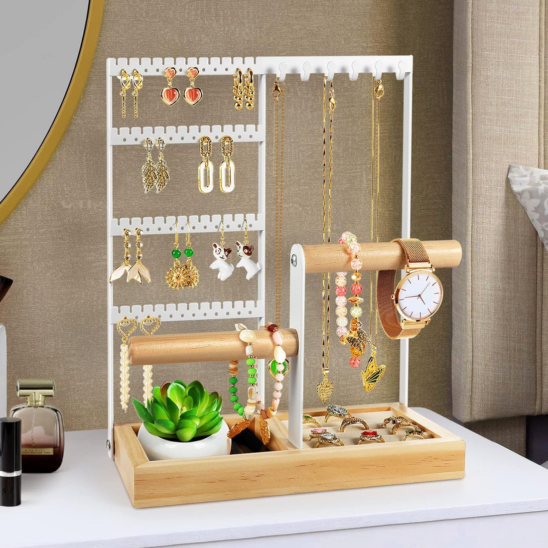 4-Tier Earring Holder Organizer with 48 Holes, 6 Hooks Necklace Organizer, Wood Box for Bracelet & Ring