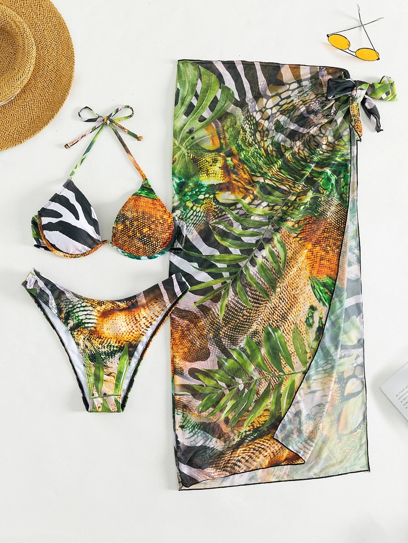 SHEIN Swim SXY Summer Beach Tropical Print Push up Bikini Swimsuit with Beach Skirt