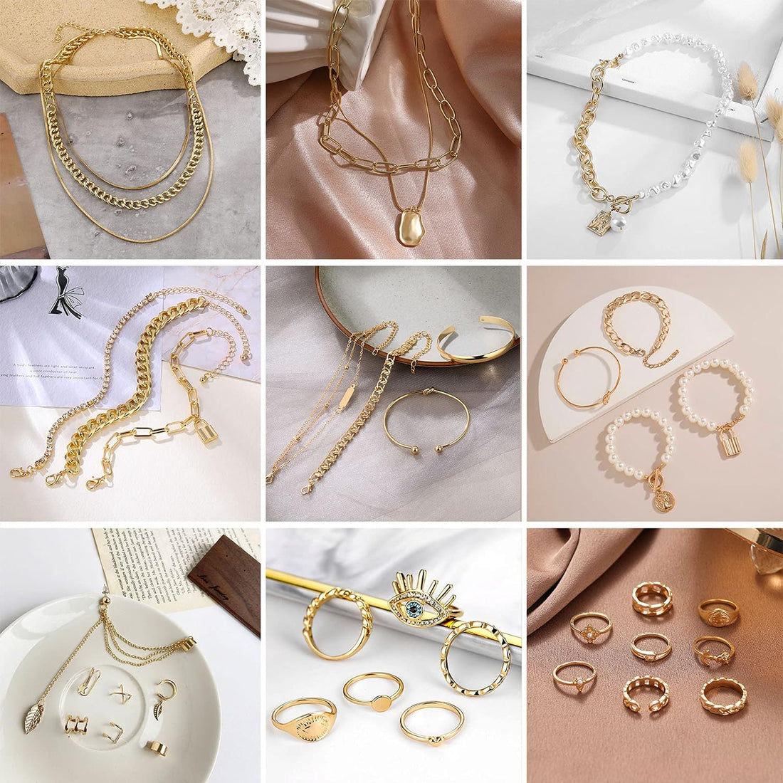 36 PCS Gold Plated Jewelry Set with 4 PCS Necklace, 11 PCS Bracelet, 7 PCS Ear Cuffs Earring, 14 Pcs Knuckle Rings for Women Girls Valentine Anniversary Birthday Friendship Gift