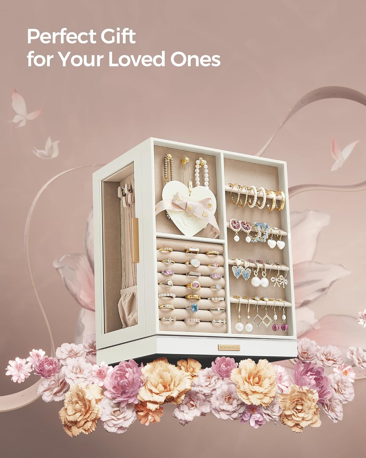 5 Drawers, Jewelry Organizer, Glass Window, Spacious, Vertical Jewelry Storage, Open Design, Great Gift, Cloud White