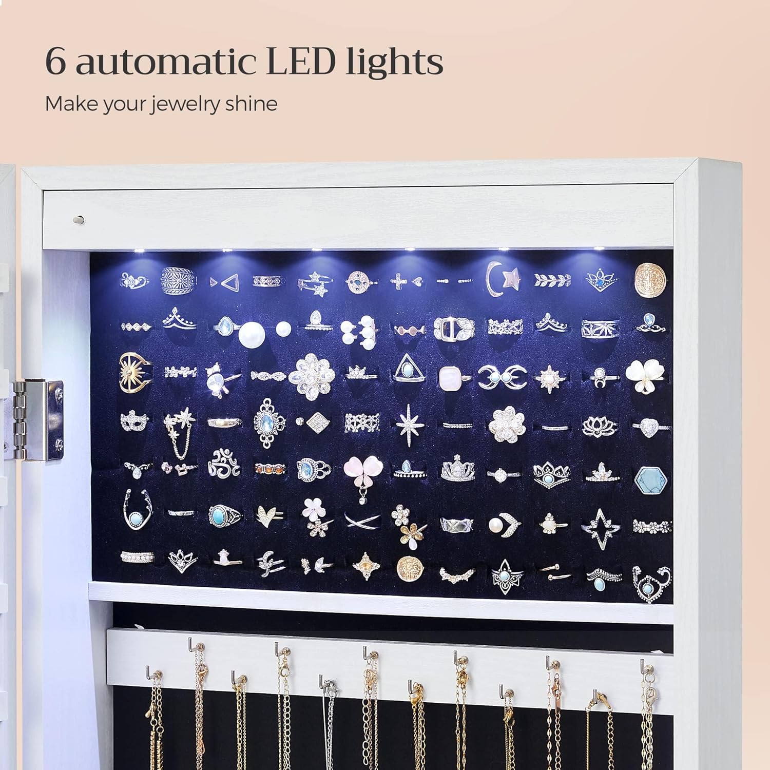 6 Leds Mirror Jewelry Cabinet, 47.2-Inch Tall Lockable Wall or Door Mounted Jewelry Armoire Organizer with Mirror, 2 Drawers, 3.9 X 14.6 X 47.2 Inches,