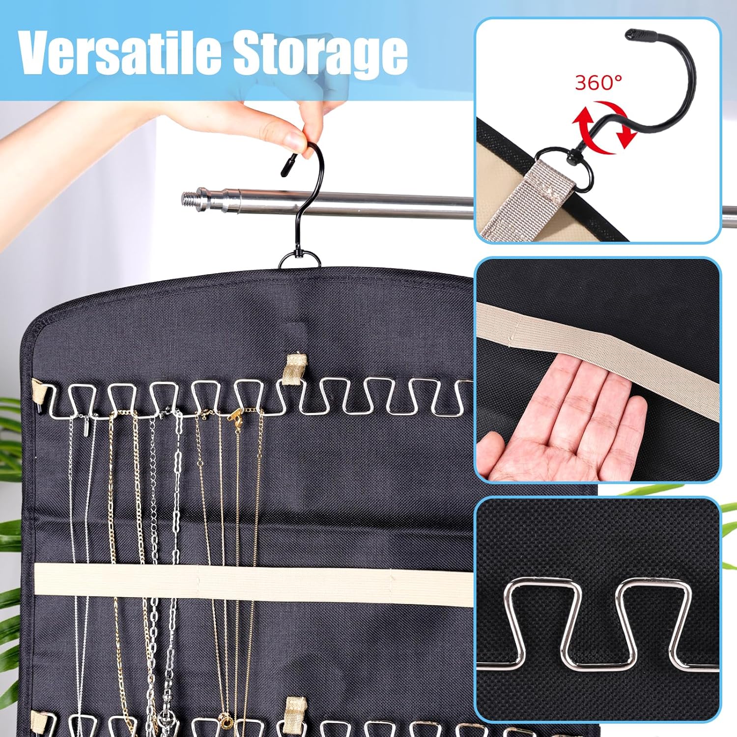 Hanging Jewelry Organizer Medium, Anti-Tangle Earring Ring Hanger Black Jewelry Display Storage Bag Double Sided