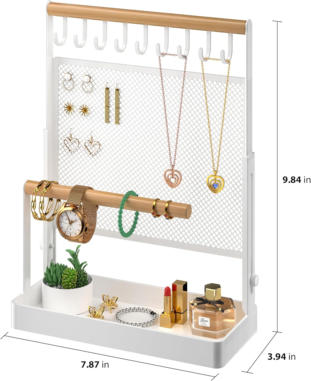  9 Hooks Necklaces Storage Wooden Handing Bar for Bracelets Jewelry Organizer Stand, Liftable Necklace Holder with Earring Organizer Net