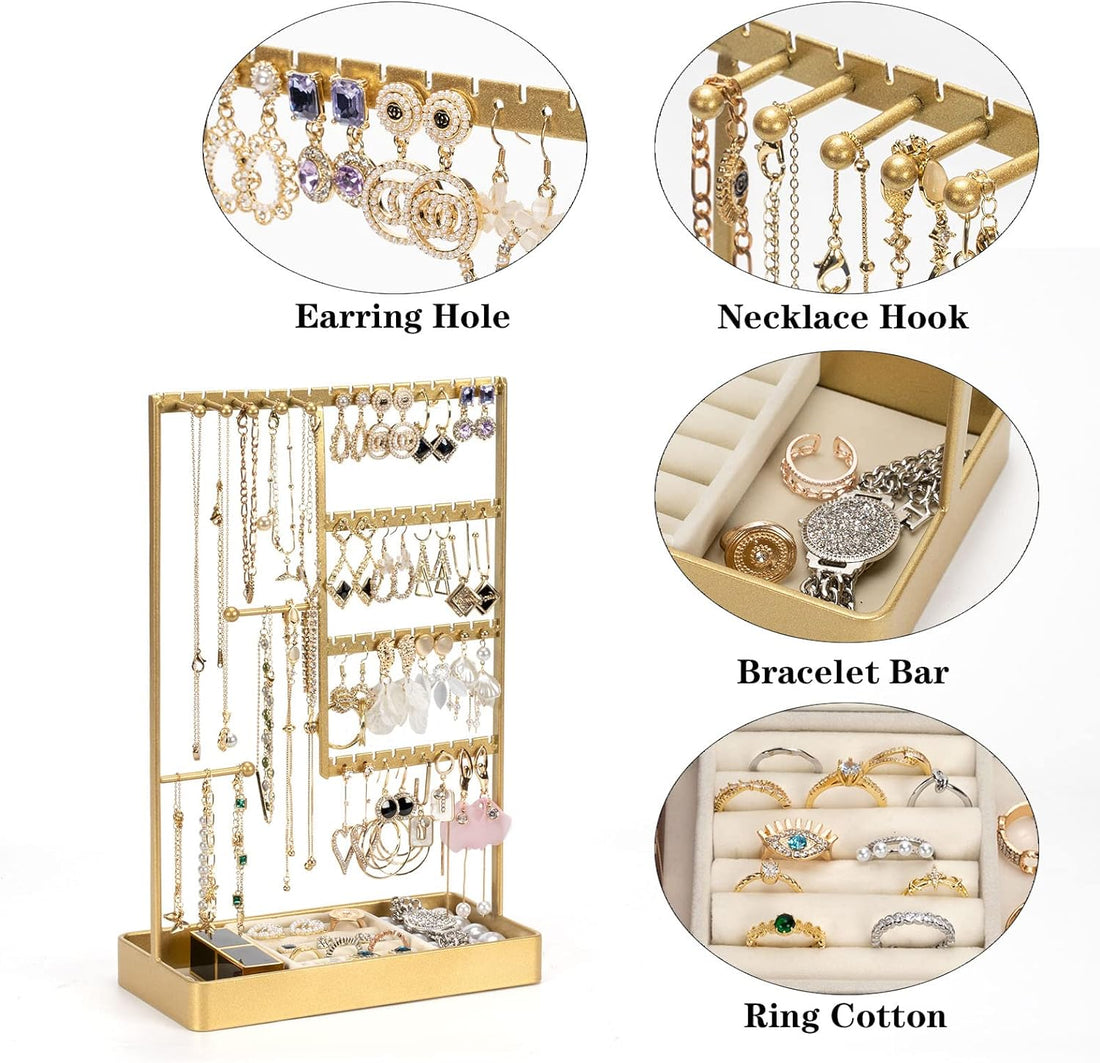 4-Tier Earring Holder Organizer with Metal Tray, Jewelry Holder Stand for Necklaces Stud Earrings Bracelets and Rings