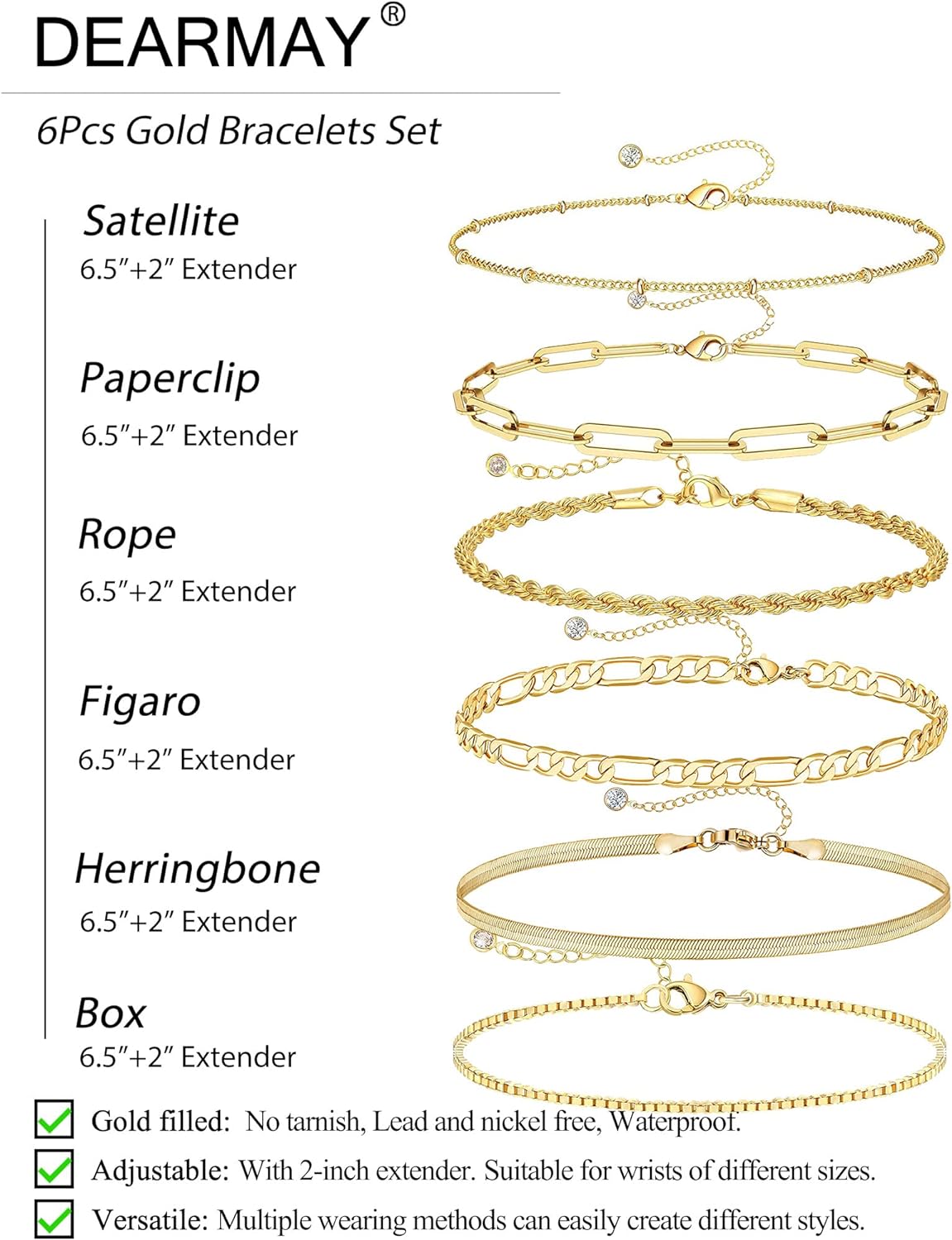 14K Real Gold Jewelry Sets for Women Trendy Thin Dainty Stackable Cuban Link Paperclip Chain Bracelet Pack Fashion Accessories