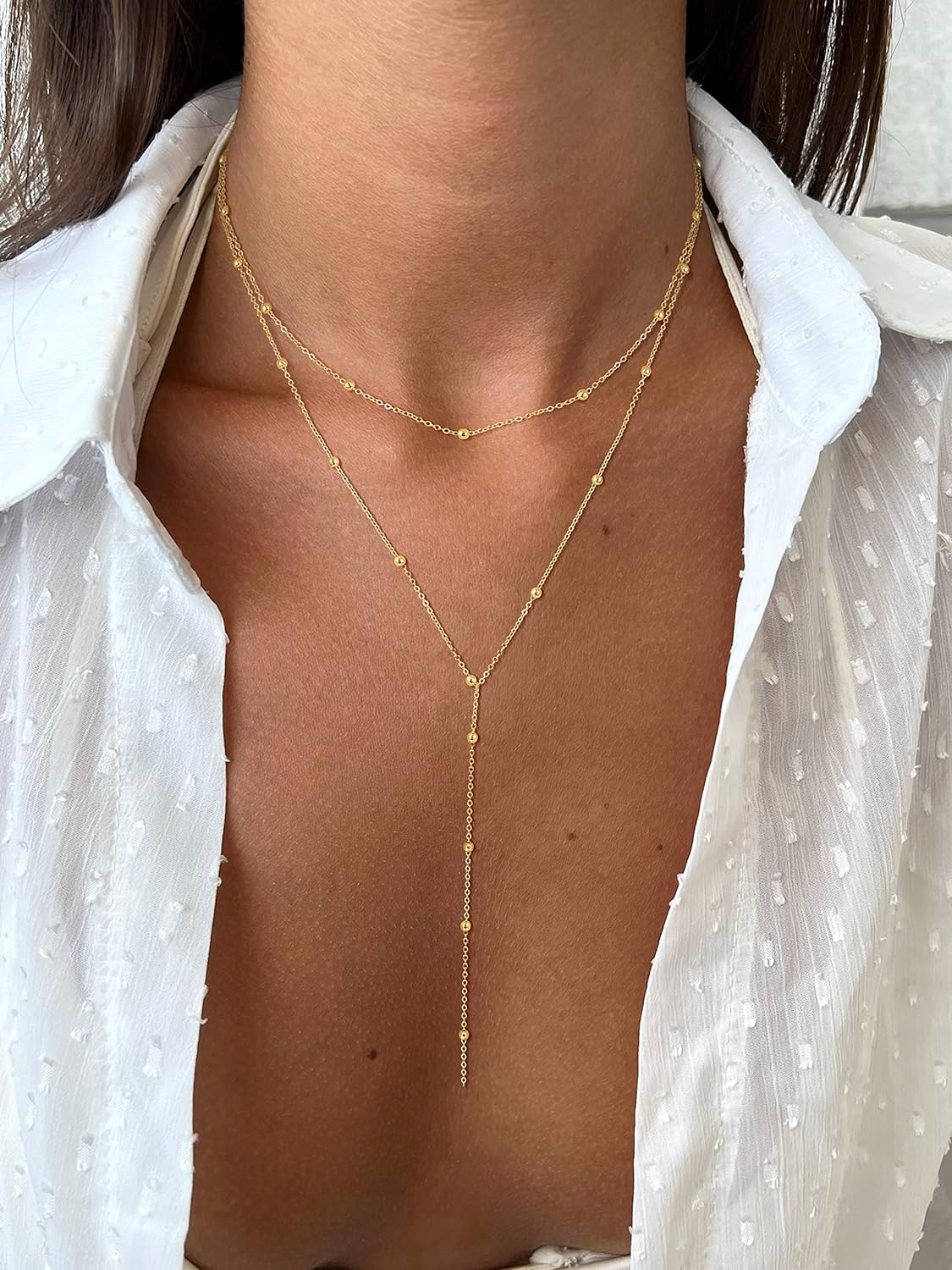 14K Gold Lariat Gold Necklace Dainty Long Necklace Plated/Silver Y-Shaped Pendant Necklace Trendy Layered Cz Beaded Chain Drop Necklaces Simple Gold Jewelry