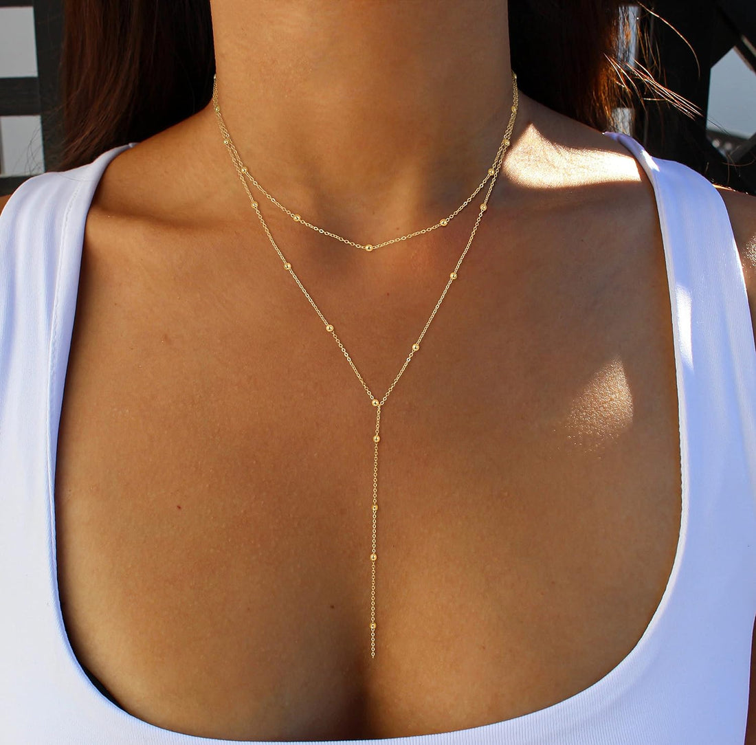 14K Gold Lariat Gold Necklace Dainty Long Necklace Plated/Silver Y-Shaped Pendant Necklace Trendy Layered Cz Beaded Chain Drop Necklaces Simple Gold Jewelry