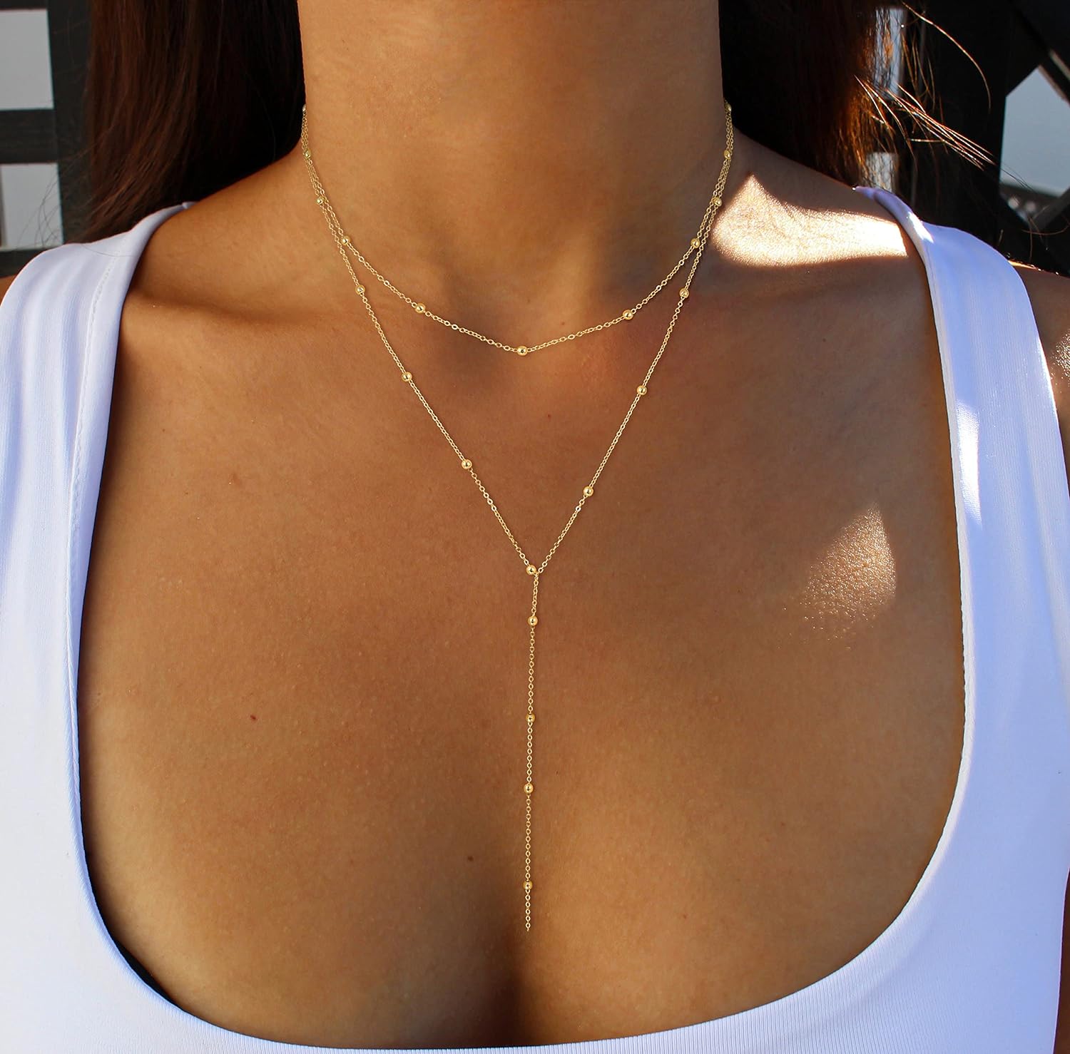 14K Gold Lariat Gold Necklace Dainty Long Necklace Plated/Silver Y-Shaped Pendant Necklace Trendy Layered Cz Beaded Chain Drop Necklaces Simple Gold Jewelry