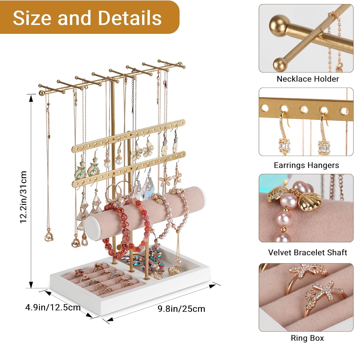 4-Tier Gold Jewelry Stand with Necklace Organizer Earring Bracelet Holder Ring Box,Hanger for Display and Storage, Room Decor