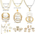 36 PCS Gold Plated Jewelry Set with 4 PCS Necklace, 11 PCS Bracelet, 7 PCS Ear Cuffs Earring, 14 Pcs Knuckle Rings for Women Girls Valentine Anniversary Birthday Friendship Gift