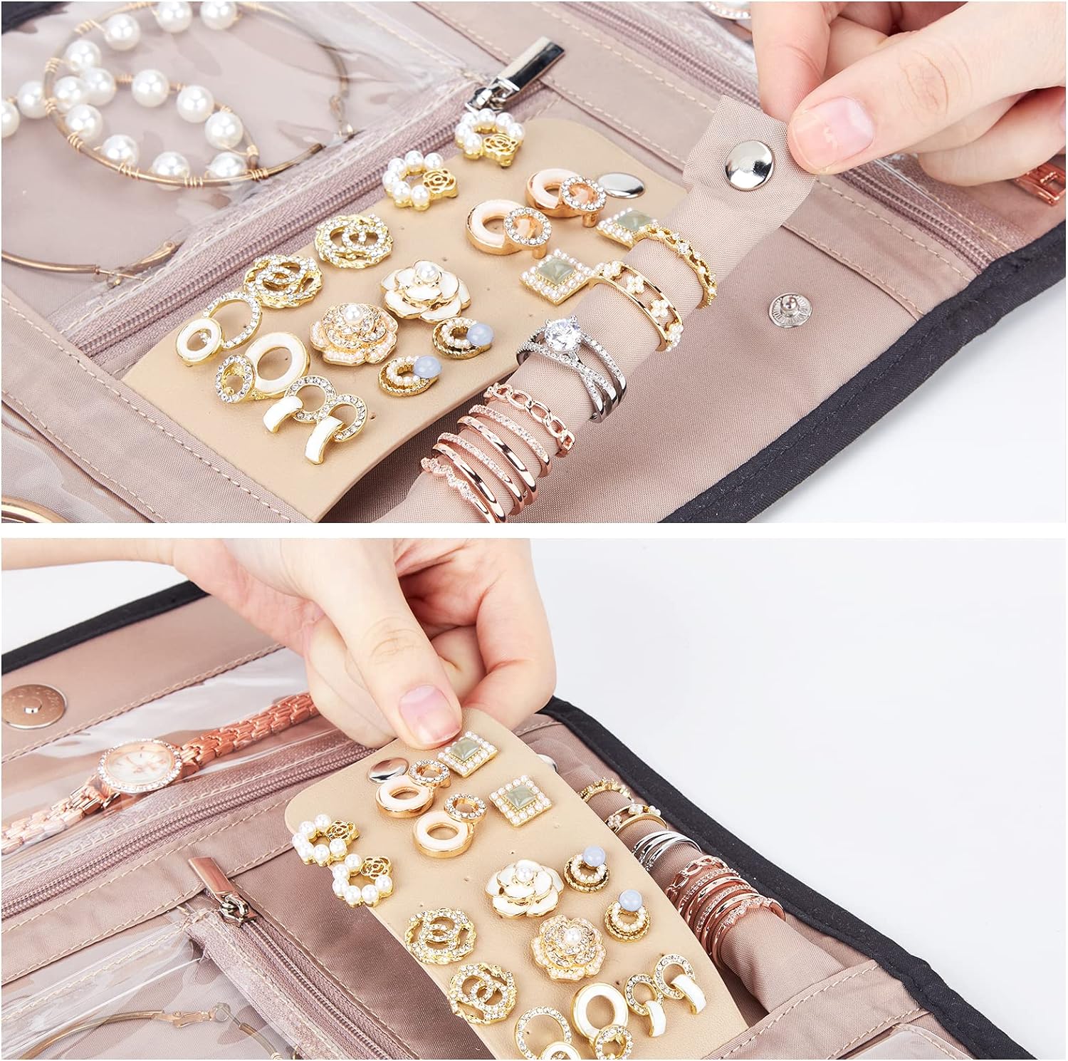 Travel Jewelry Case Organizer, Foldable Jewelry Storage Roll for Earrings, Necklaces, Rings, Bracelets, Brooches, Black