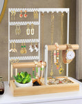 4-Tier Earring Holder Organizer with 48 Holes, 6 Hooks Necklace Organizer, Wood Box for Bracelet & Ring