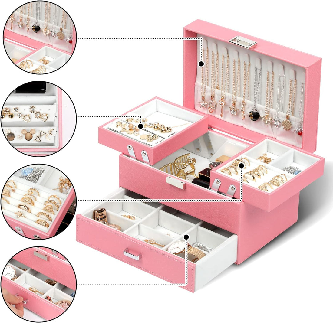 3 Layers Jewelry Gift Box Girls Women, PU Leather Organizer Box Valentine'S Day, Birthday, Mother'S Day (Pink)