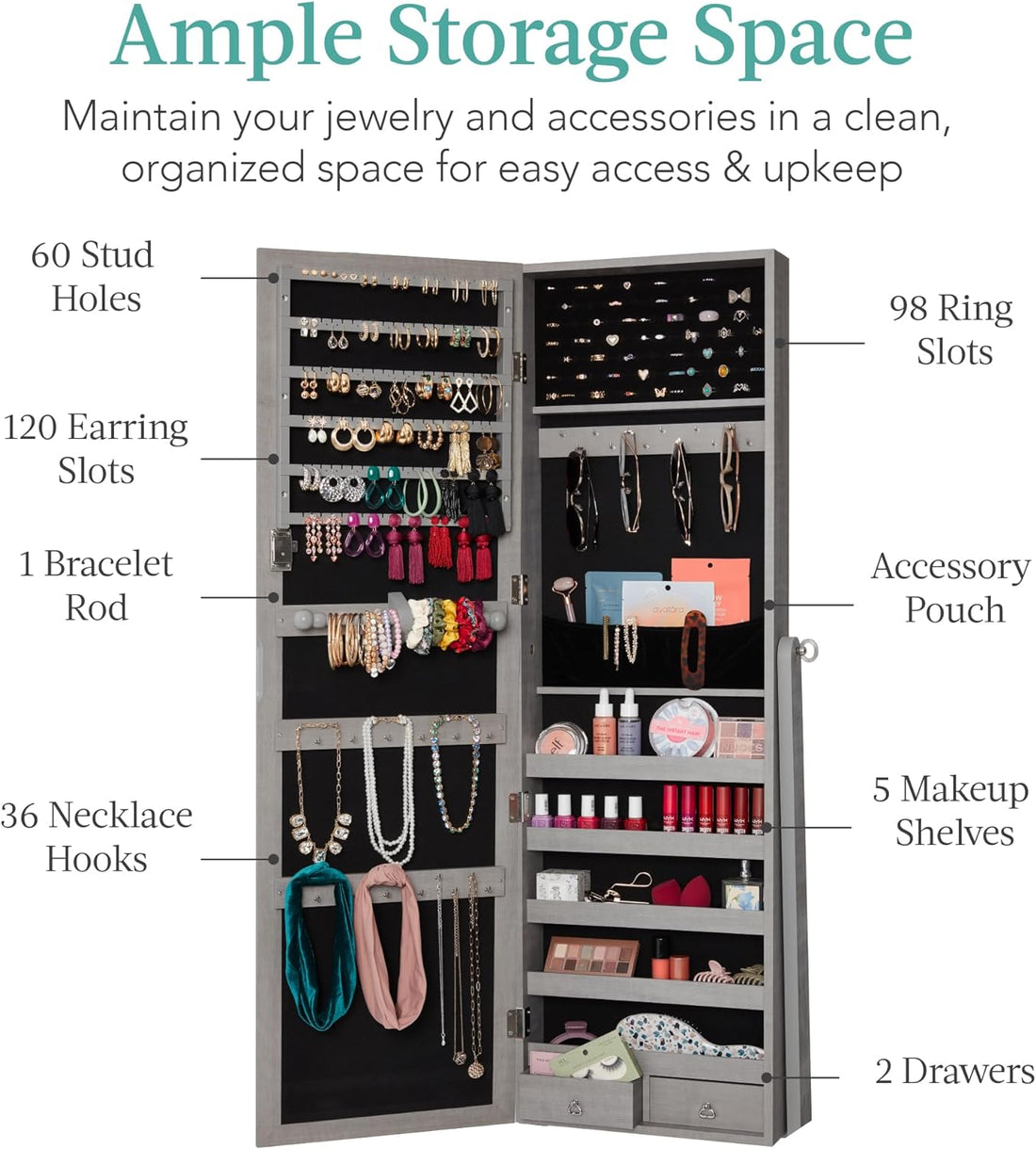 5 Shelves Freestanding Jewelry Armoire Cabinet Lockable Makeup Storage Organizer