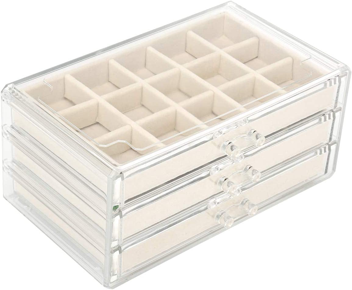 Acrylic Jewelry Organizer Makeup Cosmetic Storage Organizer Box Clear Jewelry Case with 3 Drawers Adjustable Jewelry Box Velvet Trays Grid Size