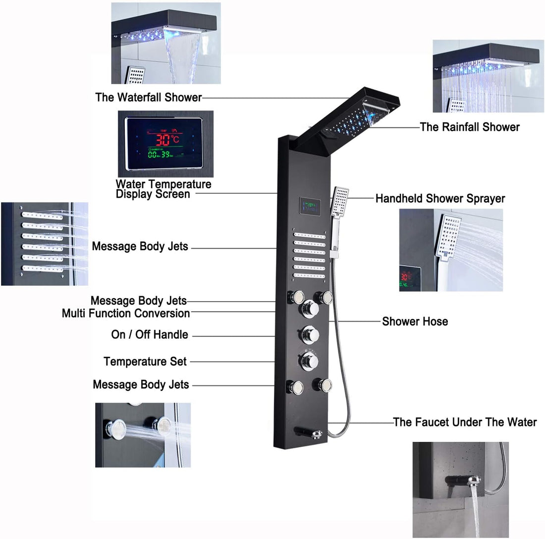 LED Light Shower Panel Tower System Stainless Steel LED Rainfall Waterfall Shower Head Hydroelectricity