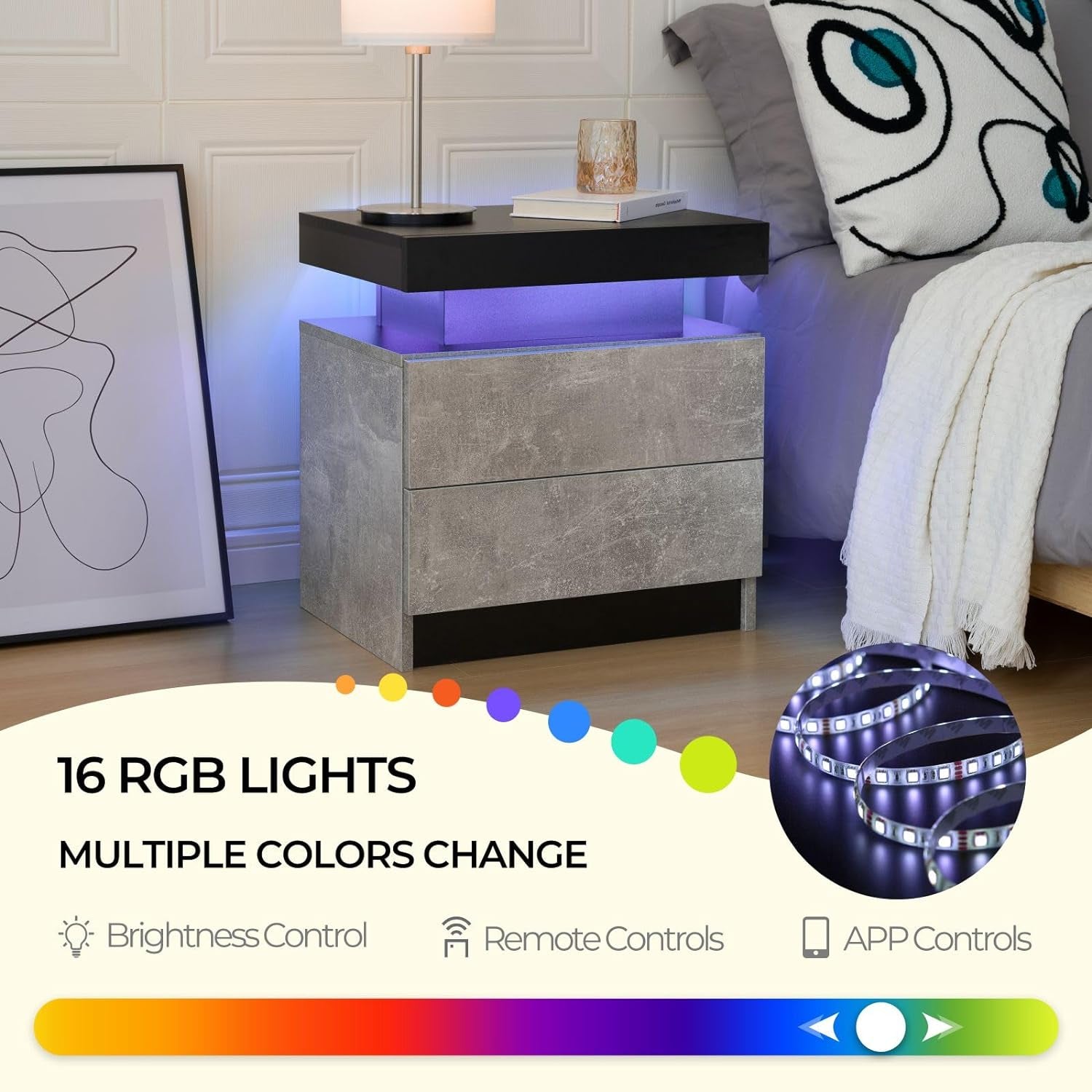 Bedside Table with 2 Drawers, LED Nightstand Wooden Cabinet Unit with LED Lights for Bedroom, End Table