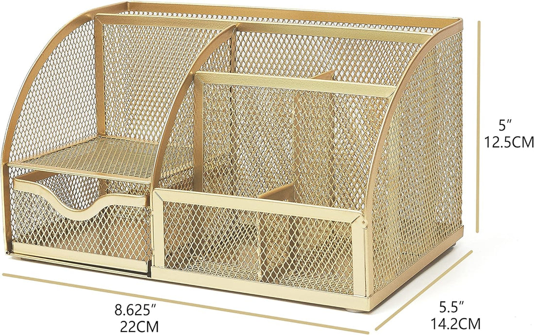 Mesh Desk Organizer Office with 7 Compartments + Drawer/Desk Tidy Candy/Pen Holder/Multifunctional Organizer (Gold)