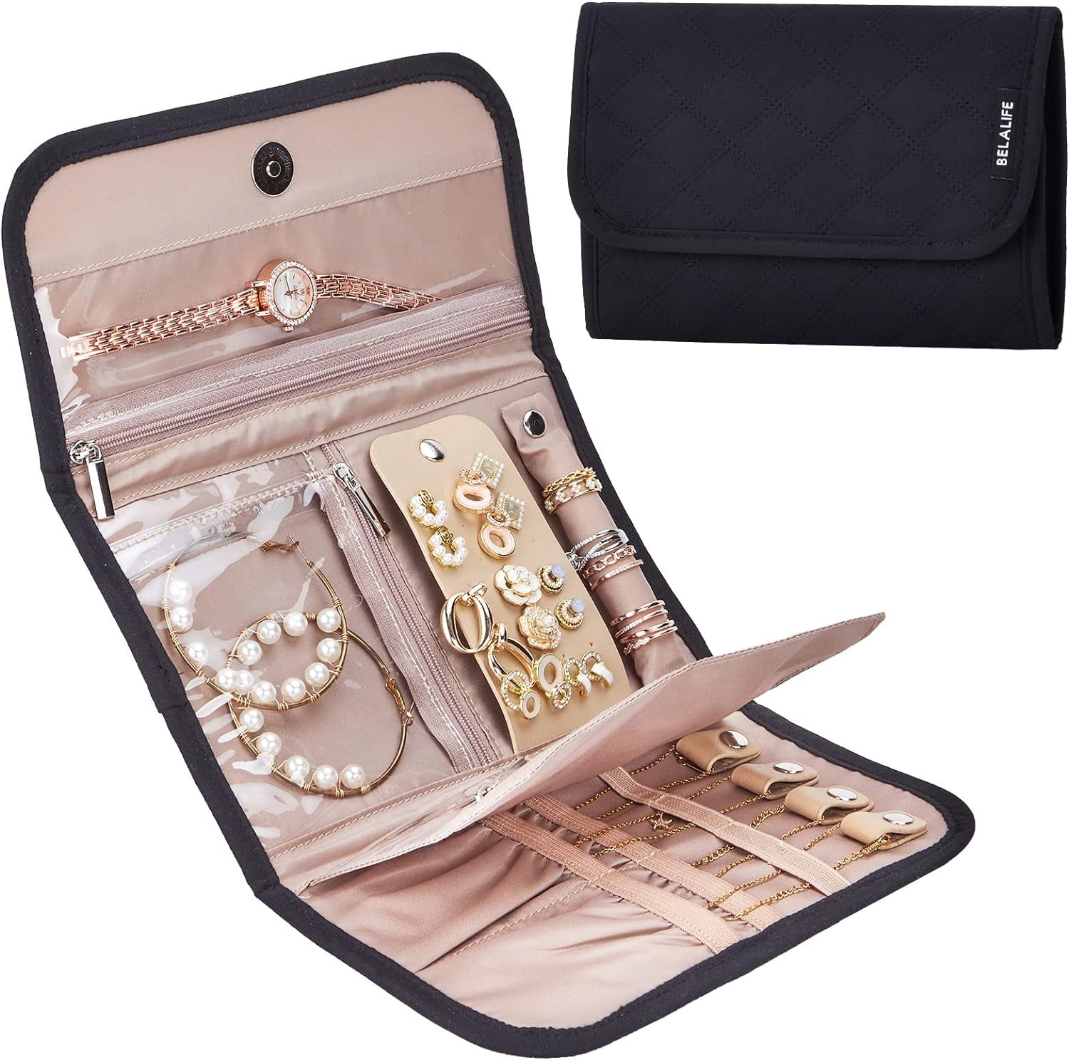 Travel Jewelry Case Organizer, Foldable Jewelry Storage Roll for Earrings, Necklaces, Rings, Bracelets, Brooches, Black