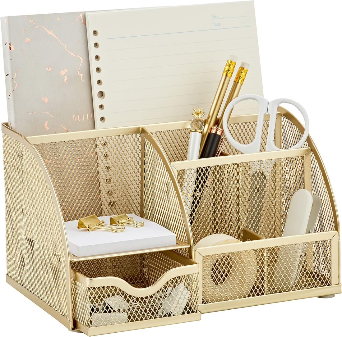 Mesh Desk Organizer Office with 7 Compartments + Drawer/Desk Tidy Candy/Pen Holder/Multifunctional Organizer (Gold)