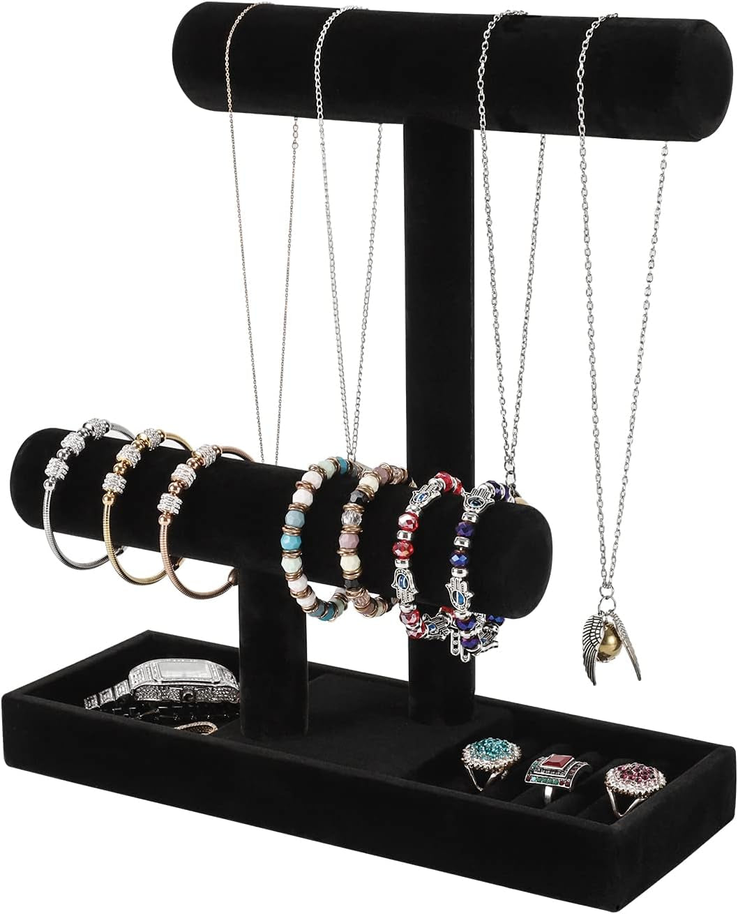 Byken Multi-Functional Necklace Holder,Bracelet Holder,Jewelry Organizer Stand with Earrings Rings Tray,Jewelry Holder for Scrunchie Watches Detachable