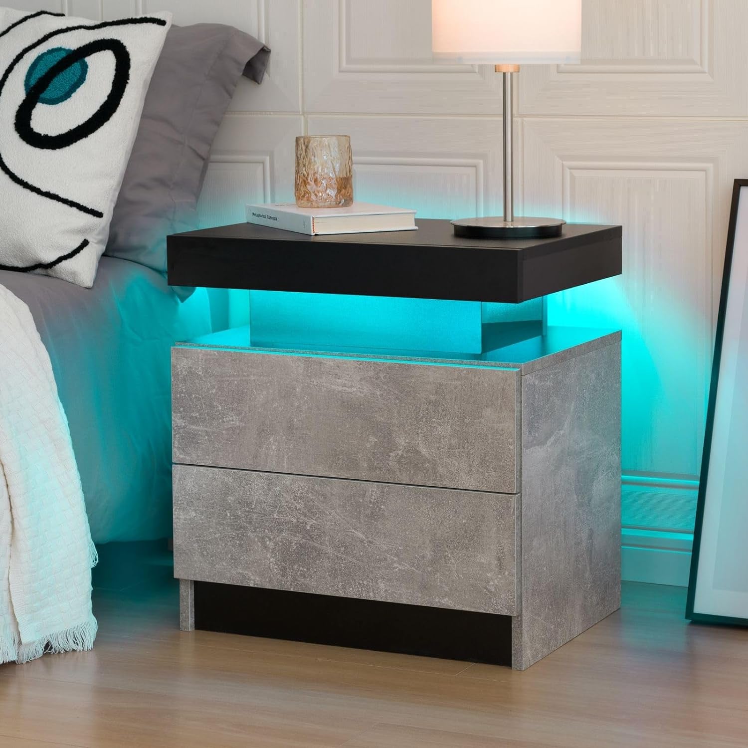 Bedside Table with 2 Drawers, LED Nightstand Wooden Cabinet Unit with LED Lights for Bedroom, End Table