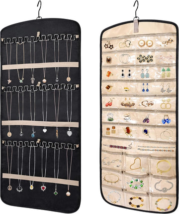 Hanging Jewelry Organizer Medium, Anti-Tangle Earring Ring Hanger Black Jewelry Display Storage Bag Double Sided