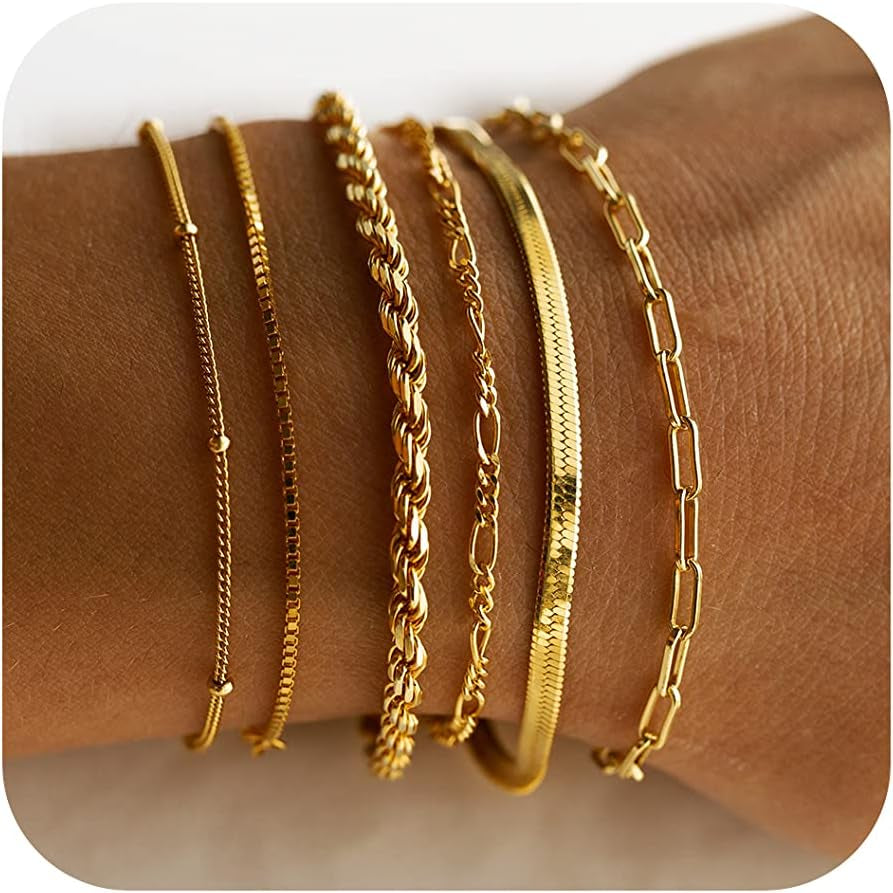 14K Real Gold Jewelry Sets for Women Trendy Thin Dainty Stackable Cuban Link Paperclip Chain Bracelet Pack Fashion Accessories