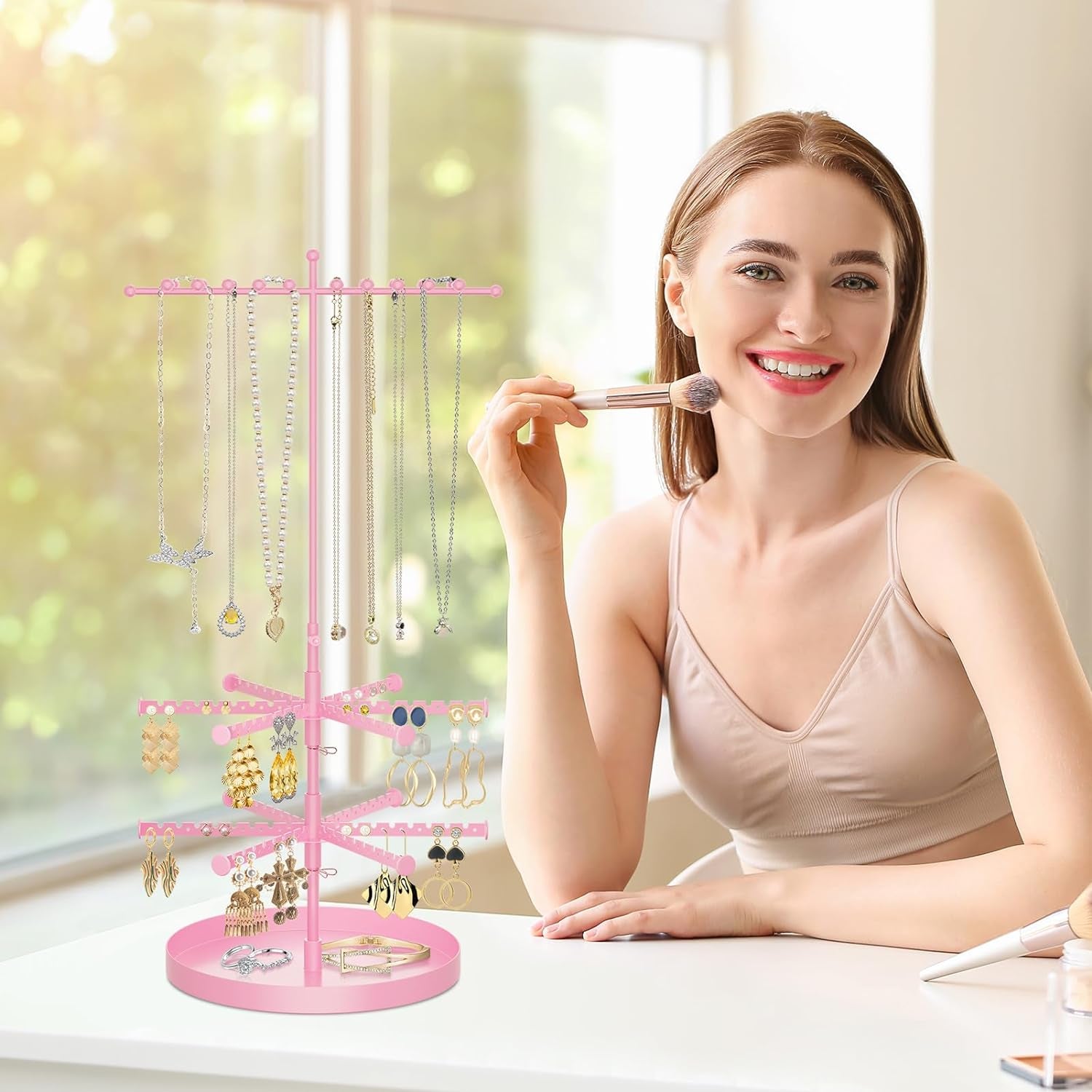 3 Tier Rotating Earring Holder Organizer, Adjustable Height Earring Stand Necklace Organizer Hanger, 192 Holes and Grooves Metal Jewelry Tree Display Rack Tower for Girls Women (Pink)