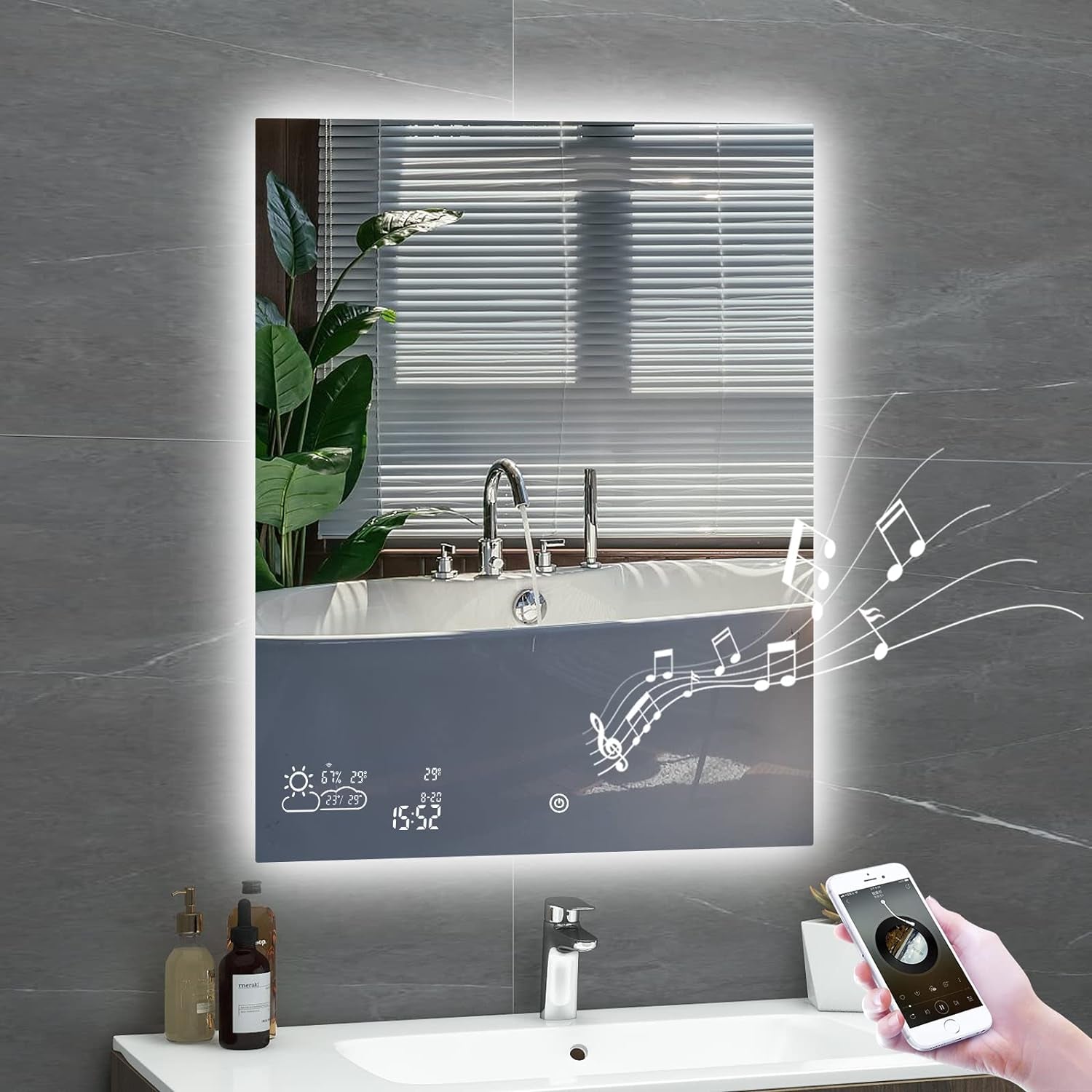 24” X 32” Smart Bathroom Mirror with Bluetooth Wi-Fi Enabled Weather Display, Fog Free, LED Light Vanity Mirror Backlit