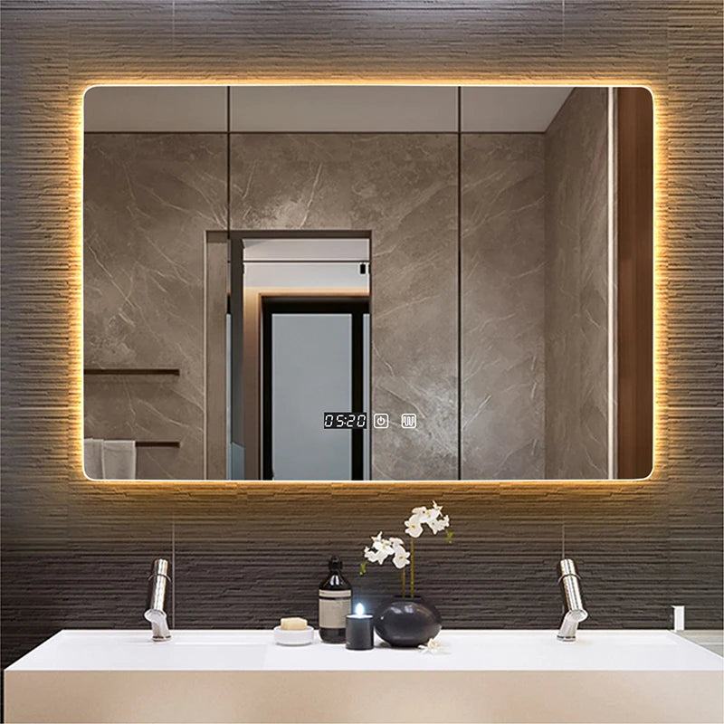 Rectangle Wall Mounted Smart Mirror in Bathroom with LED Light Time/Temperature Display 