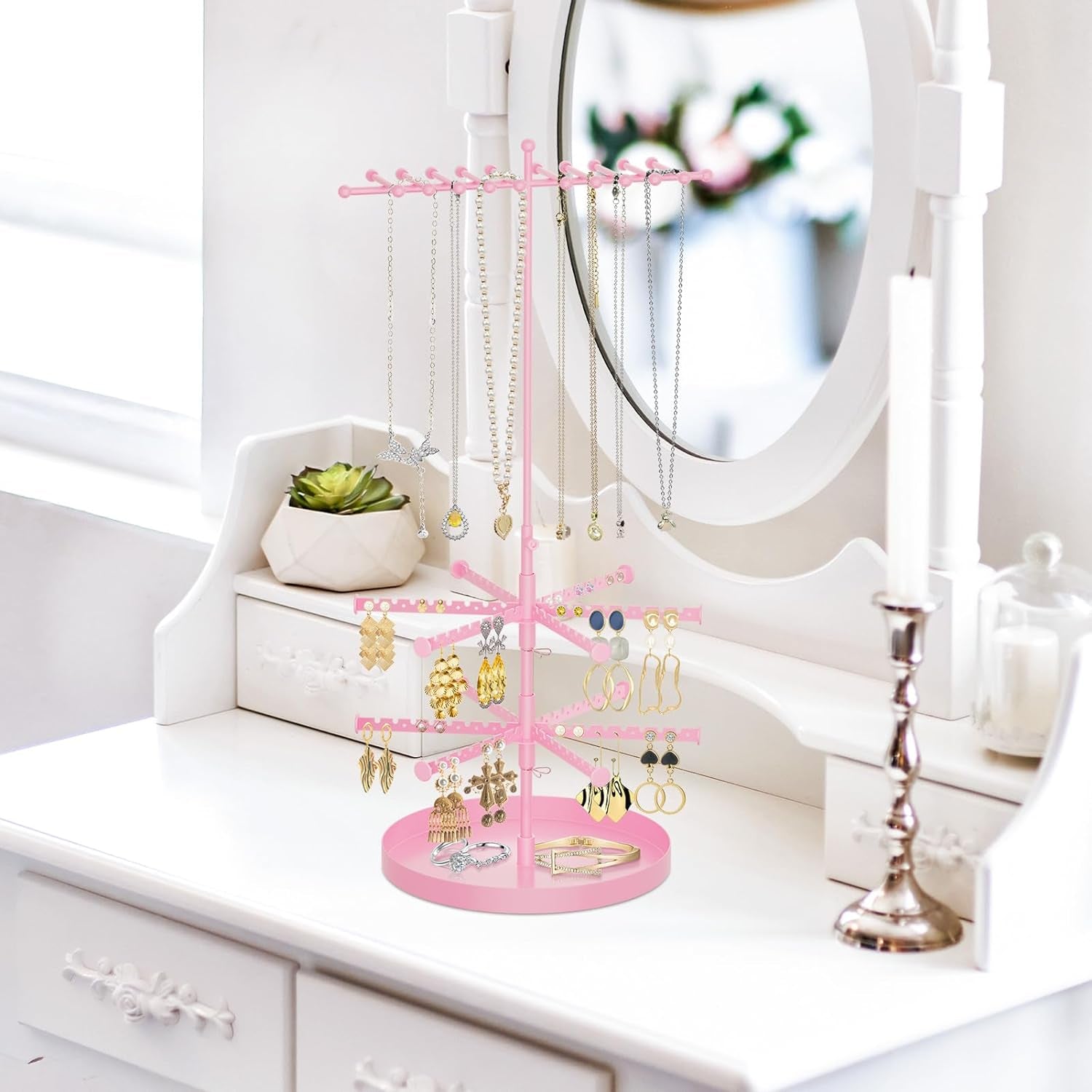 3 Tier Rotating Earring Holder Organizer, Adjustable Height Earring Stand Necklace Organizer Hanger, 192 Holes and Grooves Metal Jewelry Tree Display Rack Tower for Girls Women (Pink)