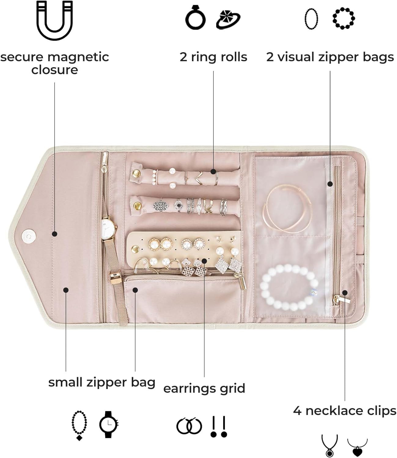 Travel Jewelry Organizer Roll Foldable Jewelry Case for Journey-Rings, Necklaces, Bracelets, Earrings,Beige