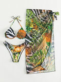 SHEIN Swim SXY Summer Beach Tropical Print Push up Bikini Swimsuit with Beach Skirt