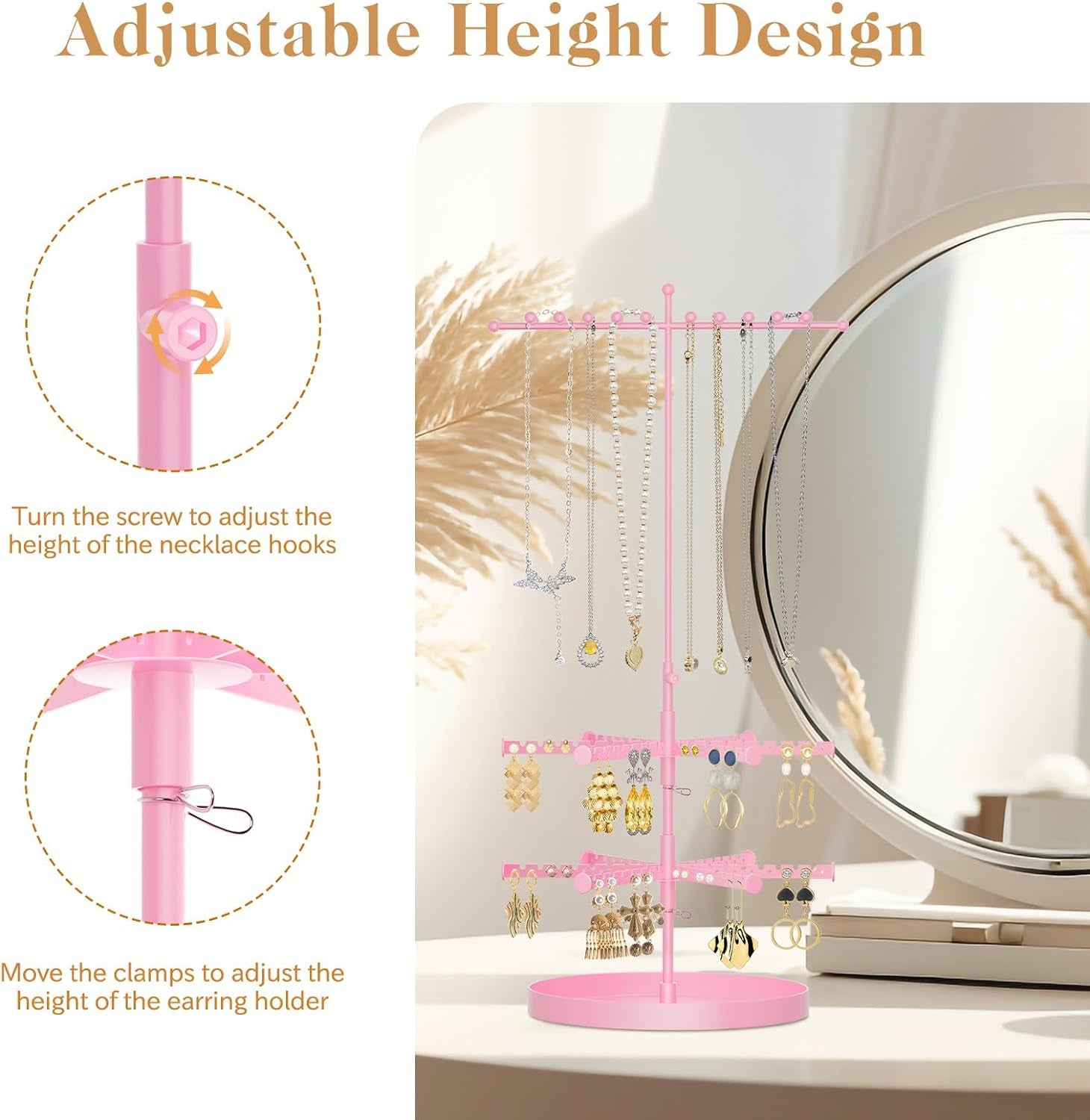 3 Tier Rotating Earring Holder Organizer, Adjustable Height Earring Stand Necklace Organizer Hanger, 192 Holes and Grooves Metal Jewelry Tree Display Rack Tower for Girls Women (Pink)