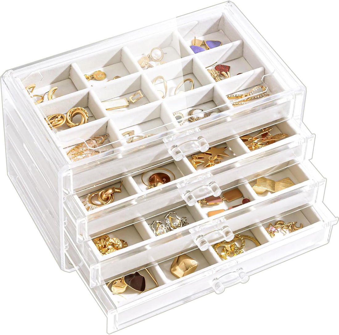  4 Drawers Adjustable Velvet Trays -Warmwhite Earring Holder Organizer Box Jewelry Storage with