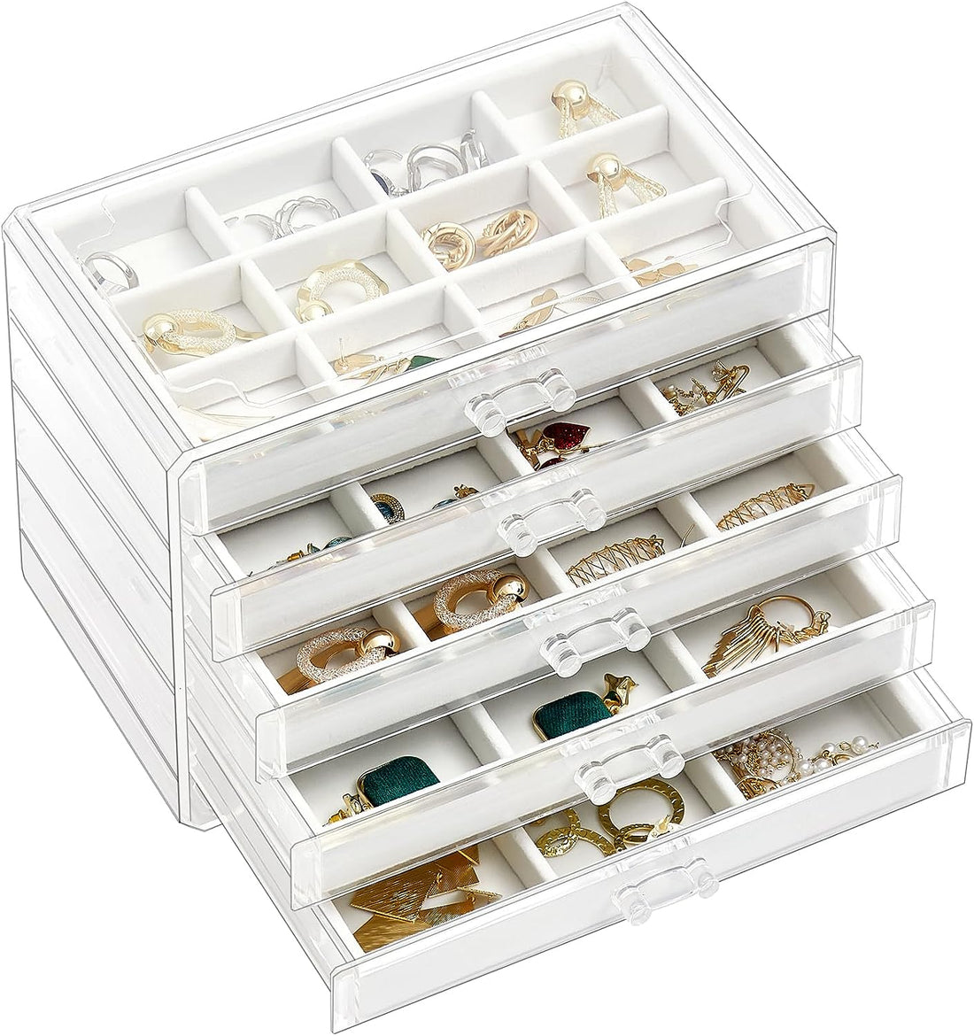  5 Drawers Box Earring Holder Organizer Jewelry with, Acrylic Clear Earring Case with Adjustable Velvet Trays for Women